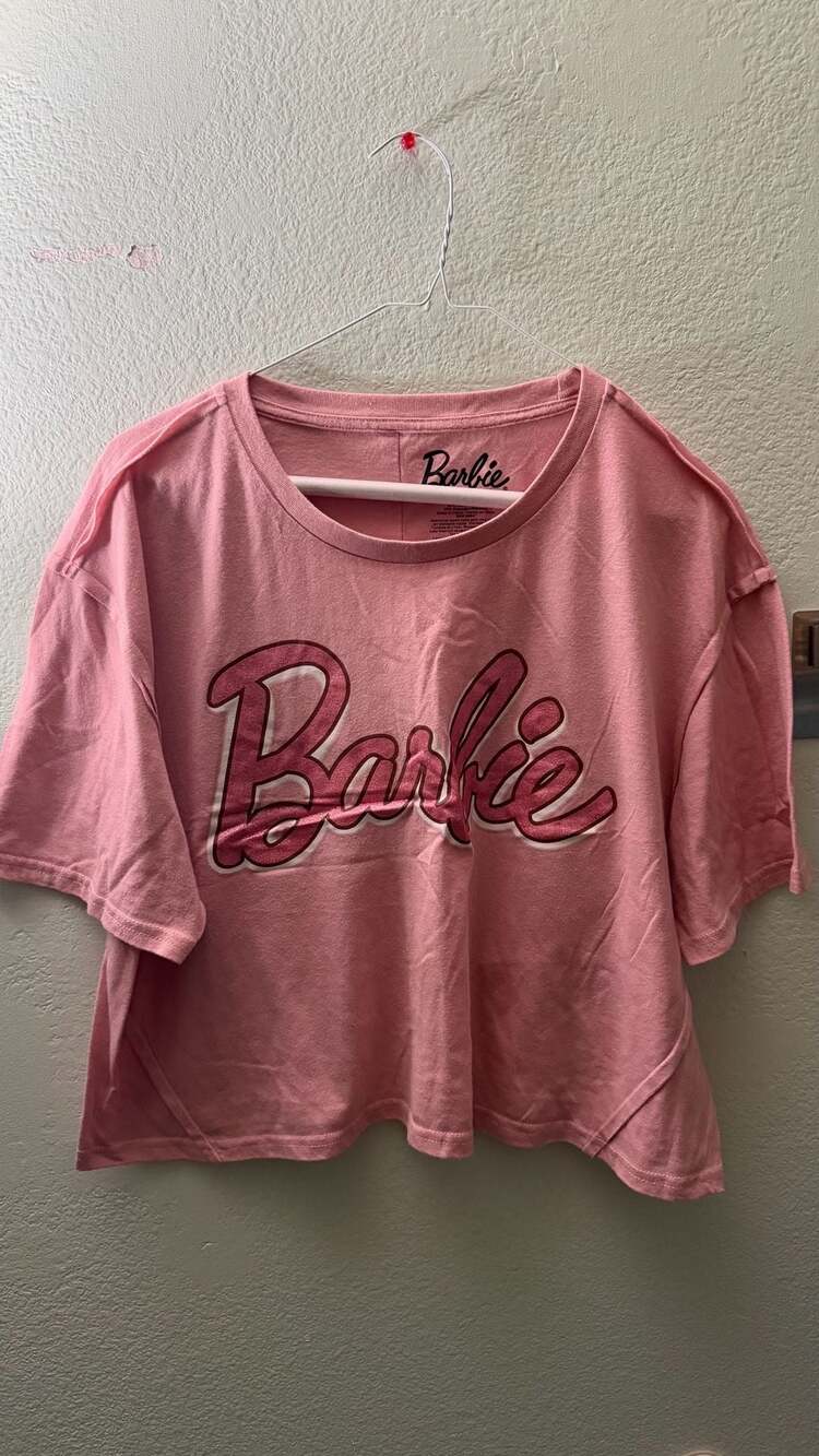 Barbie Pink Rhinestone Logo Oversized T-Shirt Women’s XL Mattel 2023
